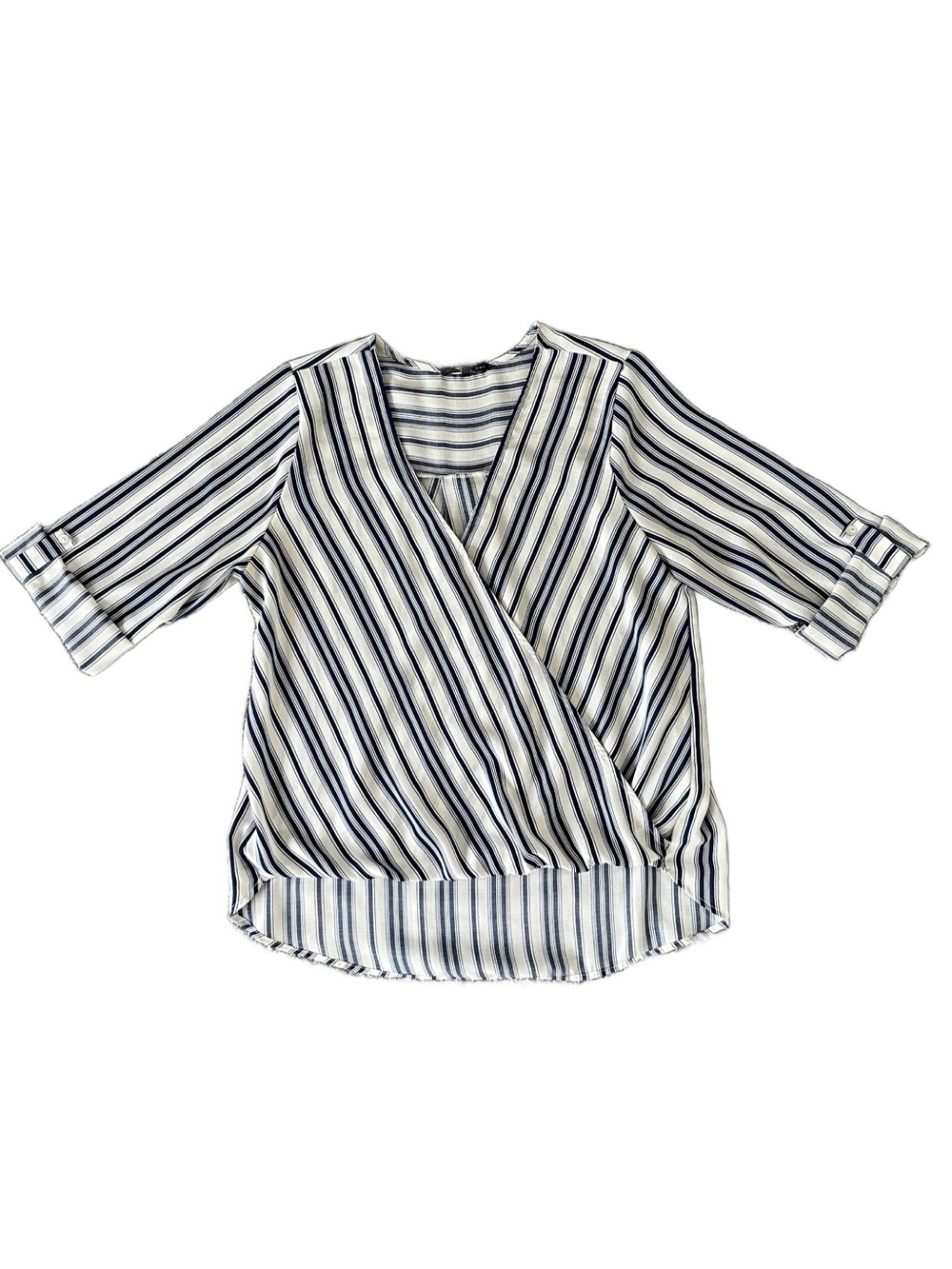 West Kei Navy and White Striped Wrap Blouse Size M - Picture 2 of 9